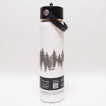 White water bottle with black forest design and black lid on a white background