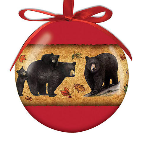 The Bear Collage Ball Ornament by Cape Shore brings beautiful black bears and bright reds to your home. 