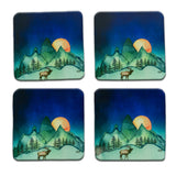 The Blue Moon Elk Coaster Set by G.P. Originals feature an adorable set of 4 corked back coasters with a watercolor landscape piece as the main image