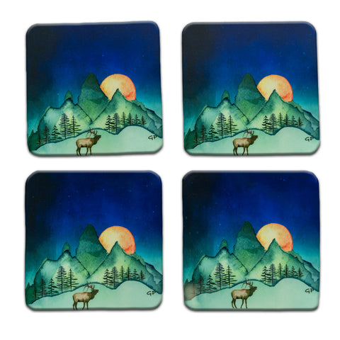 The Blue Moon Elk Coaster Set by G.P. Originals feature an adorable set of 4 corked back coasters with a watercolor landscape piece as the main image