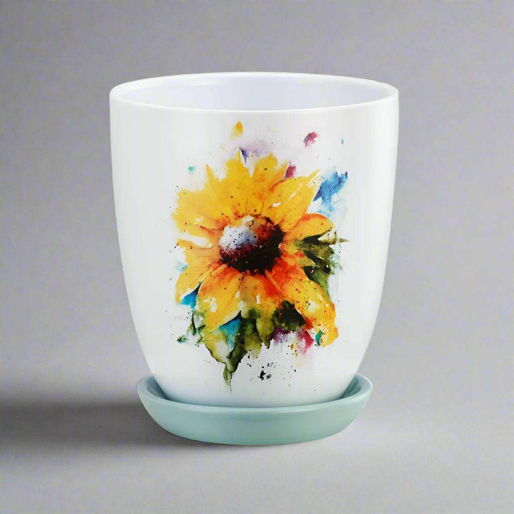 Sunflower Pot with Saucer by Big Sky Carvers
