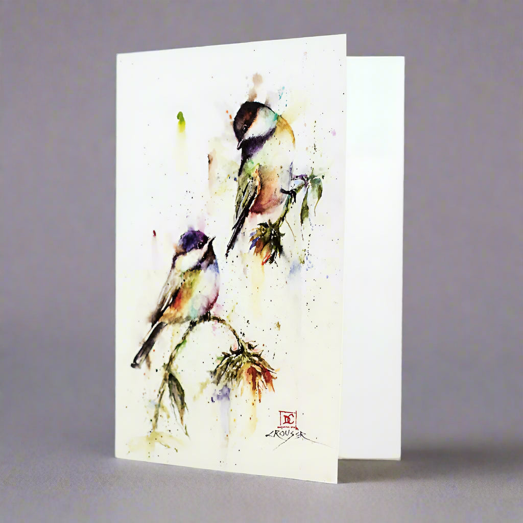 Dean Crouser Dropping in Chickadees Bird Watercolor Greeting Card