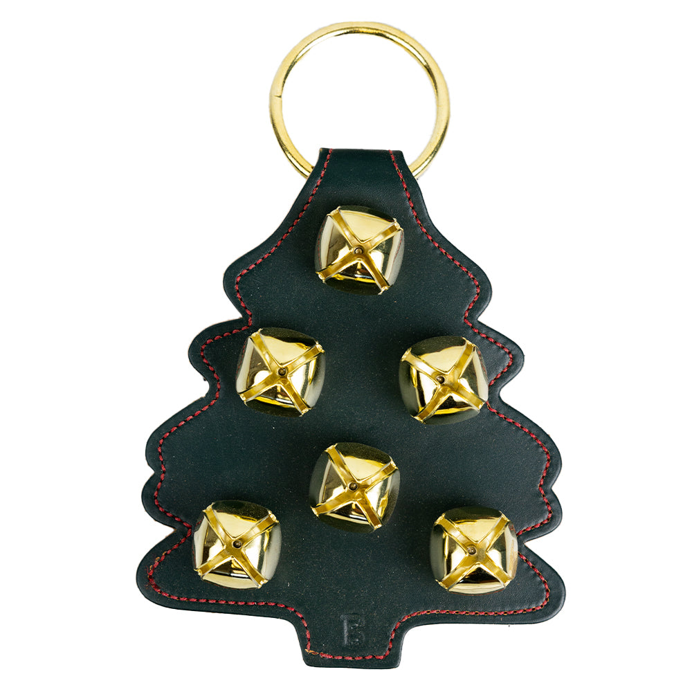 The Large Green Tree with Brass Plated Bells by Belsnickel Enterprises features stunning brass sleigh bells against dark green leather and red stitching.
