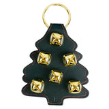 The Large Green Tree with Brass Plated Bells by Belsnickel Enterprises features stunning brass sleigh bells against dark green leather and red stitching.