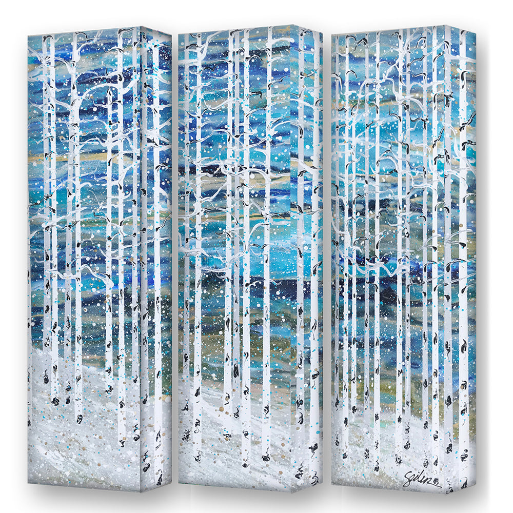The Nancy Seilers Skiing in the Forest Three Panel Metal Box Art by Meissenburg Designs is a beautiful highlight piece for any home.