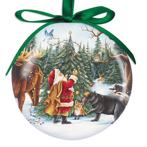 The Santa with Animals Ball Ornament by Cape Shore shows you the woodland animals helping Santa decorate their Christmas tree. 