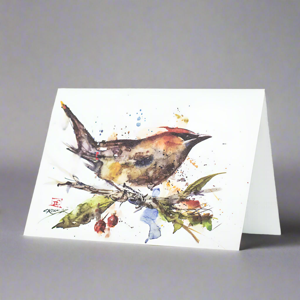 Dean Crouser Waxwing on Crabapple Bird Watercolor Greeting Card