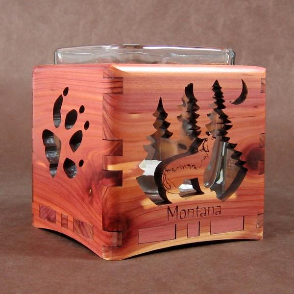 Wolf on Rocks Cedar Candleholder by Wood You Tell Me