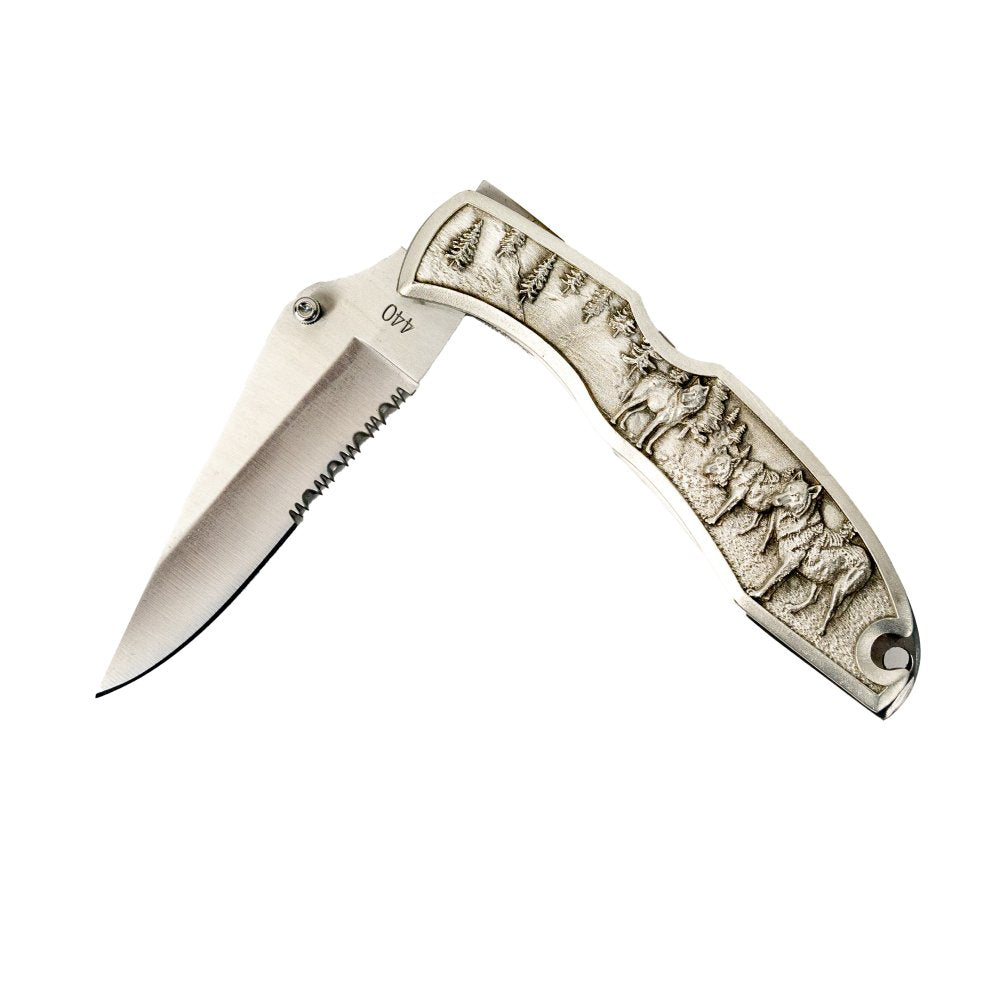 Pewter Wolves Folding Knife