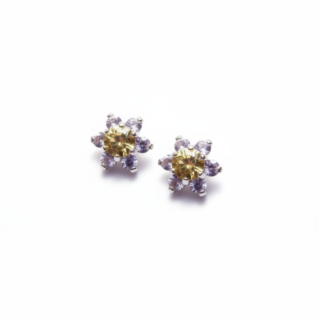 Yellow and Purple Montana Sapphire Sterling Silver Flower Earrings by Mac's Gems