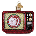 Decorative Christmas ornament resembling a television set with Santa Claus and '24 HR Christmas Channel' text.