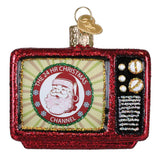 Decorative Christmas ornament resembling a television set with Santa Claus and '24 HR Christmas Channel' text.