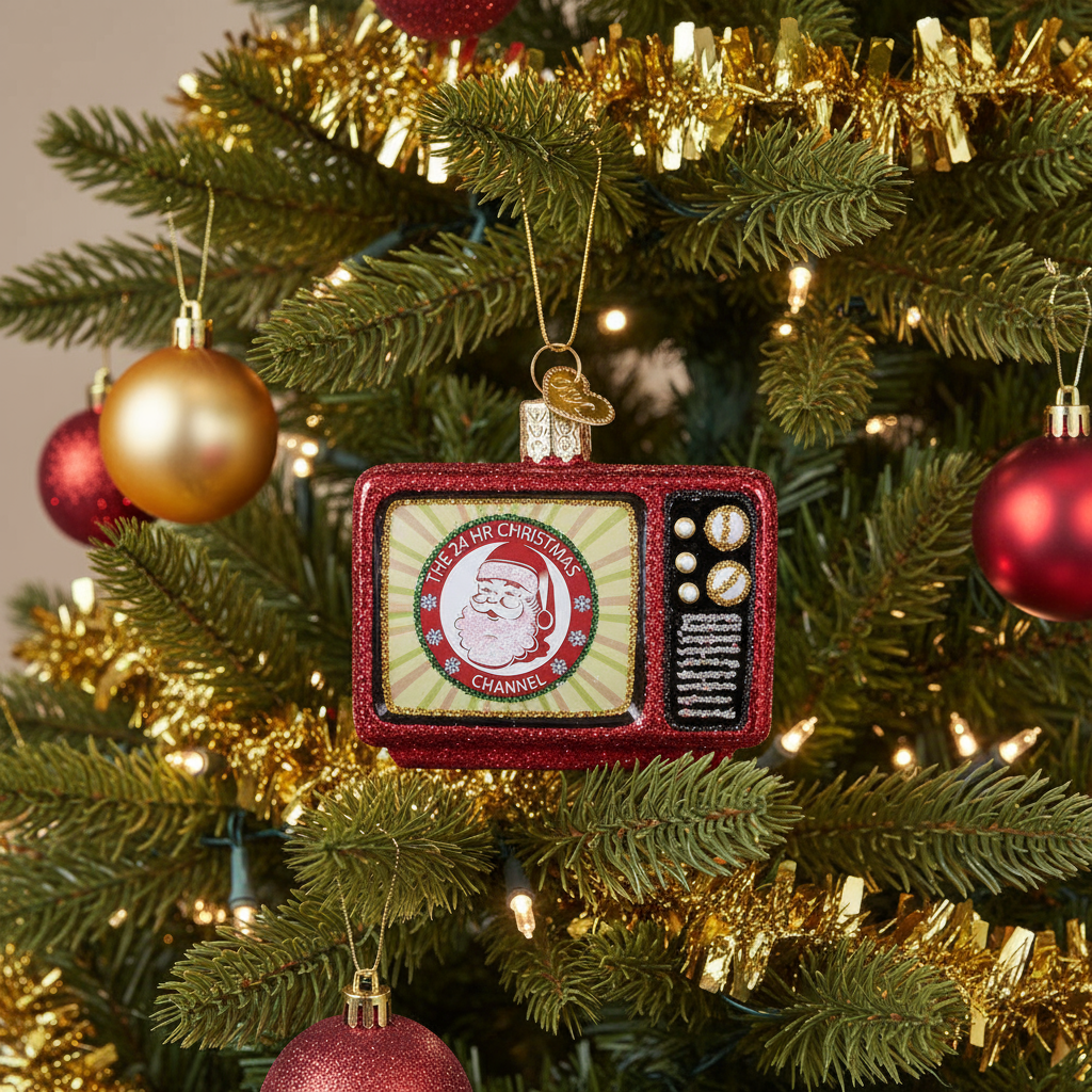 Decorative Christmas ornament shaped like a vintage television set on a Christmas tree.