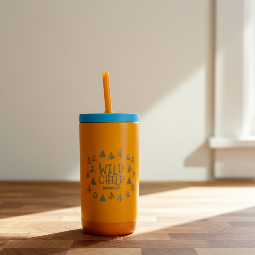 Orange tumbler with blue lid and straw on a wooden surface
