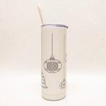 White tumbler with black Christmas ornament design on a white background