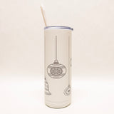 White tumbler with black Christmas ornament design on a white background