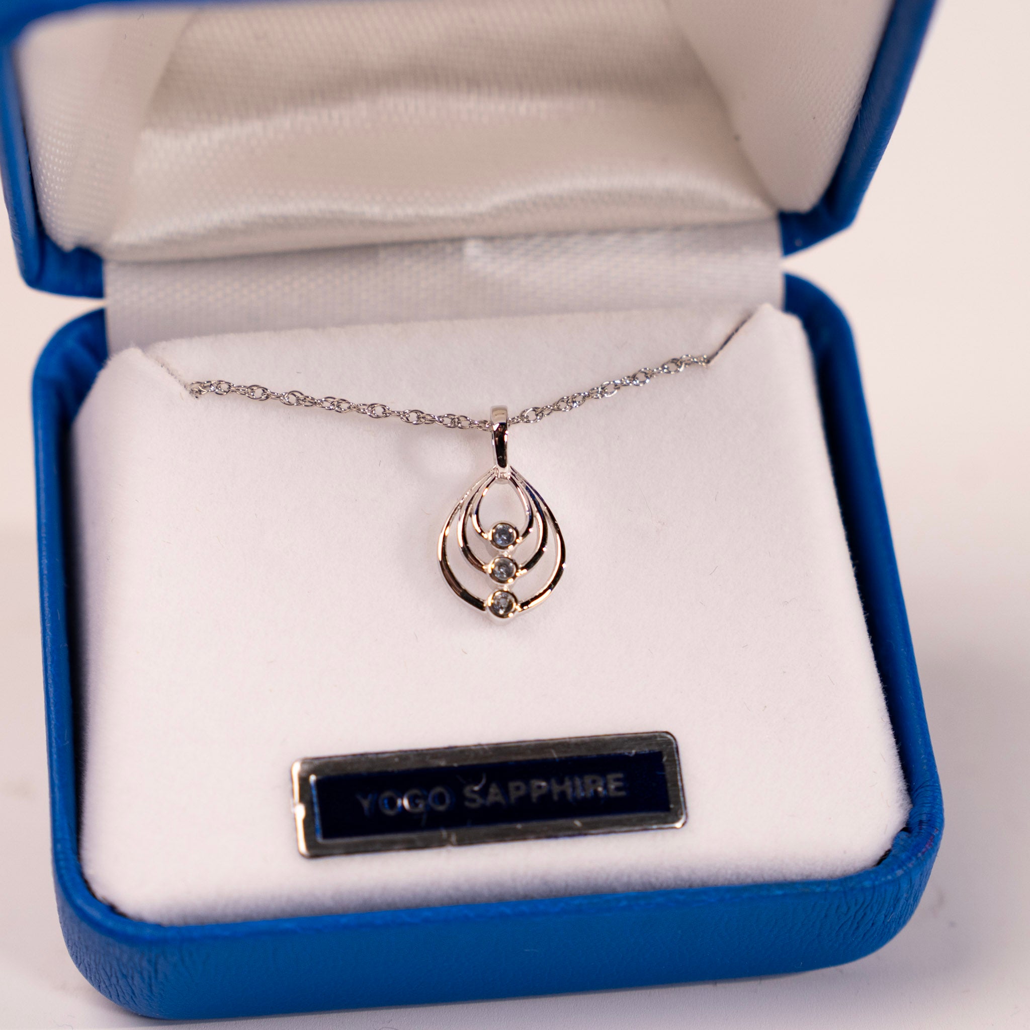 3 Stone Triple Teardrop Yogo Sapphire Sterling Bezel Pendant by Mac's Gems