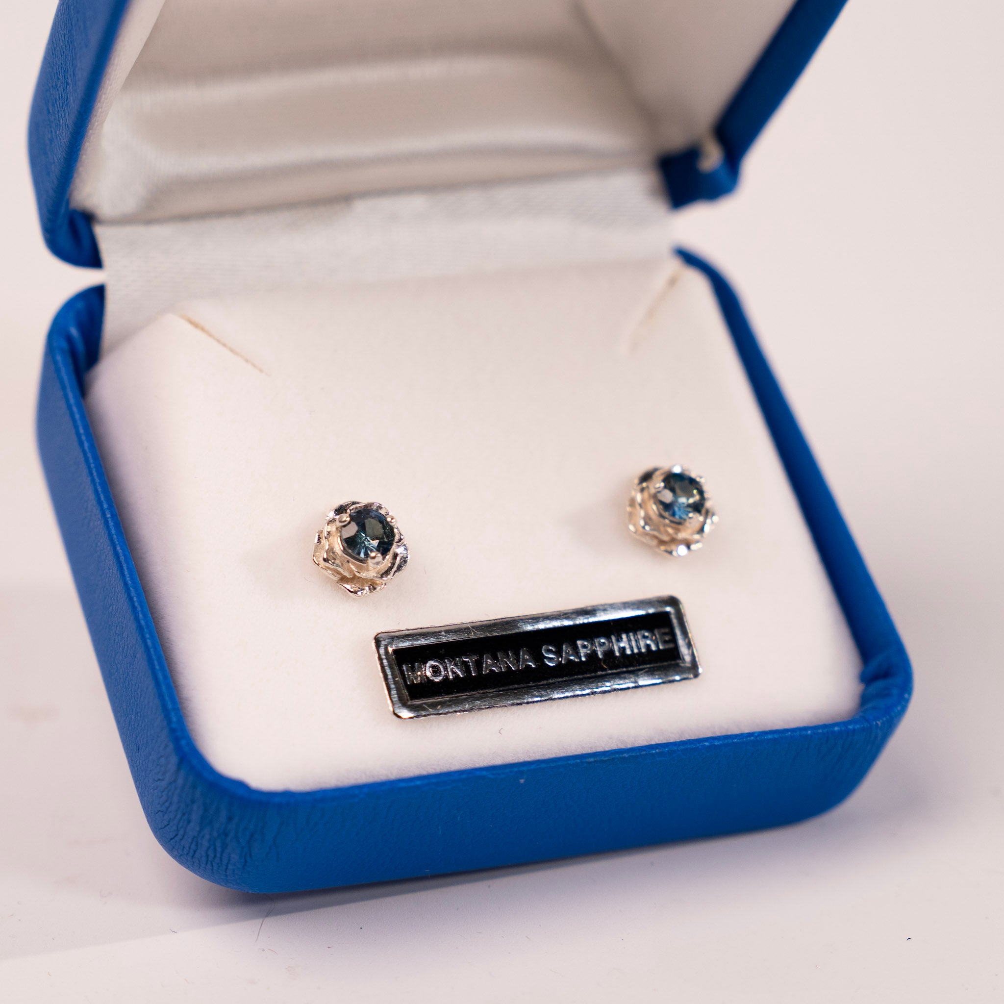 4 MM Montana Sapphire Rose Earrings by Mac's Gems