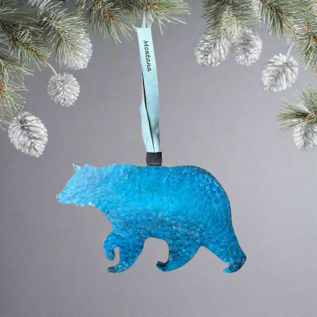 Medium Blue Bear Stainless Steel Hammered Ornament