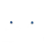 A pair of small round stud earrings with deep blue gemstones in silver settings, displayed on a clean white background.