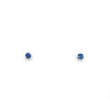 A pair of small round stud earrings with deep blue gemstones in silver settings, displayed on a clean white background.