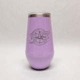 Purple tumbler with a compass design and text on a white background