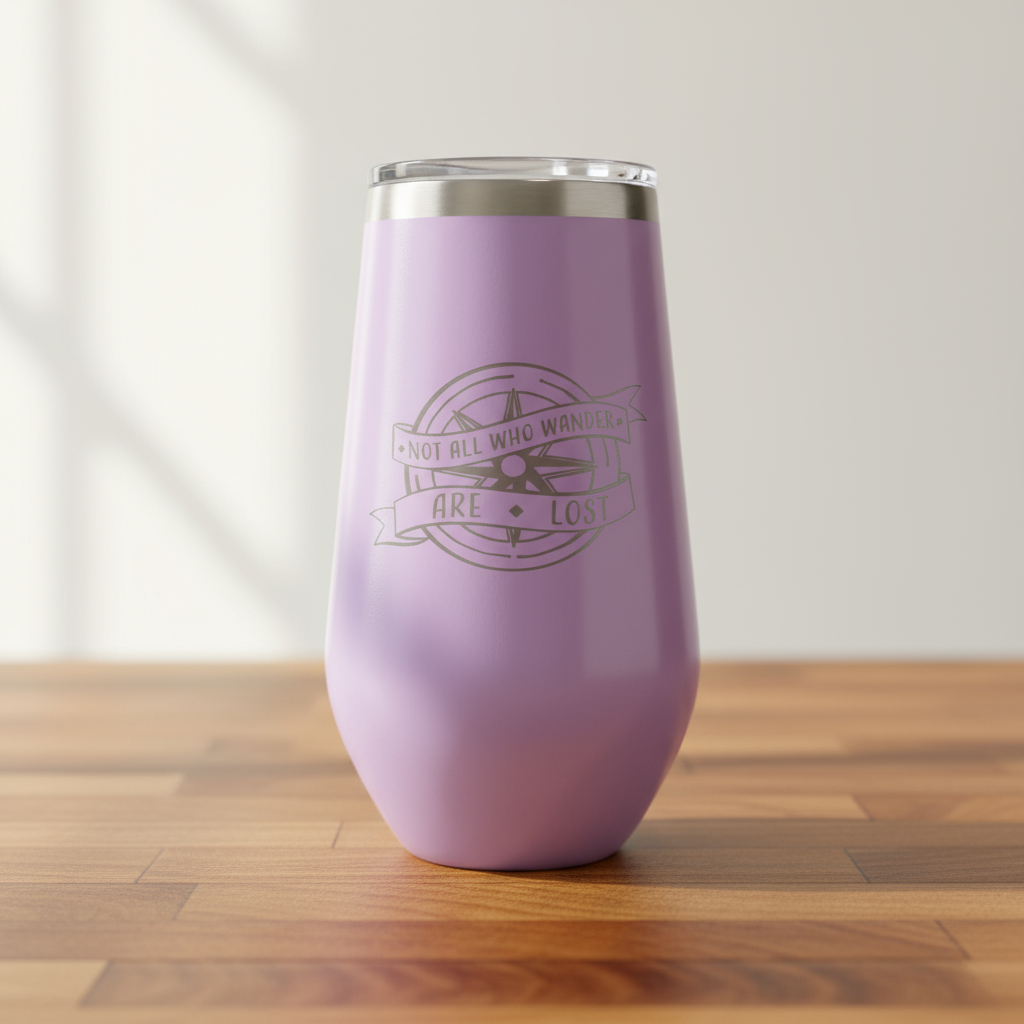 Purple insulated tumbler with a logo on a wooden surface