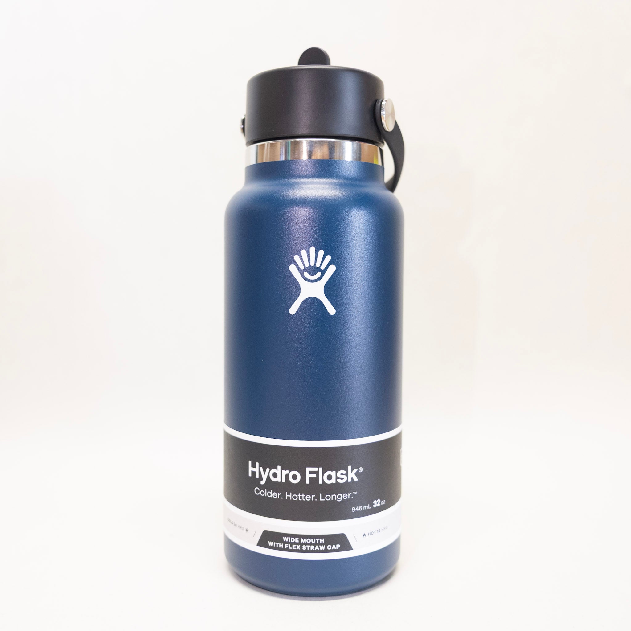 Blue Hydro Flask water bottle on a white background