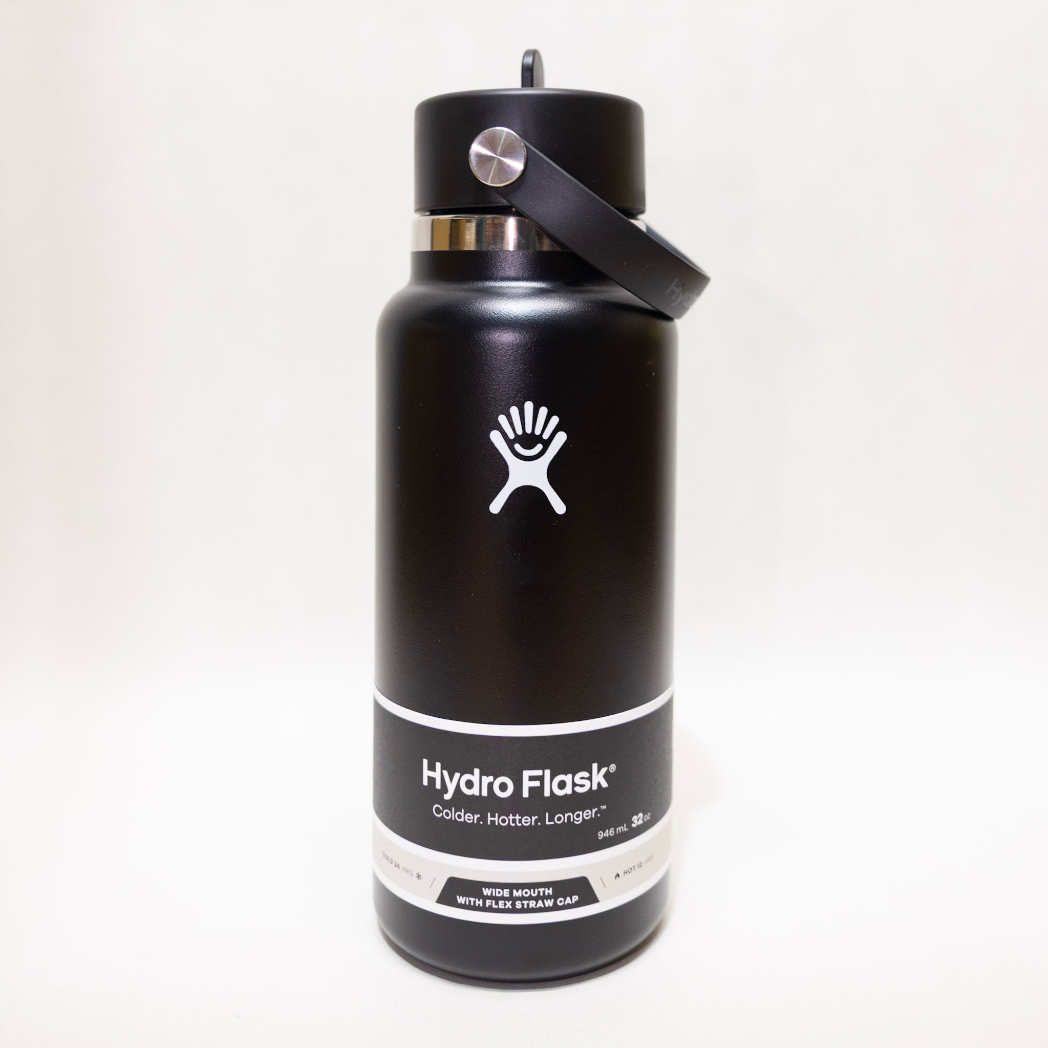 Black Hydro Flask water bottle on a white background
