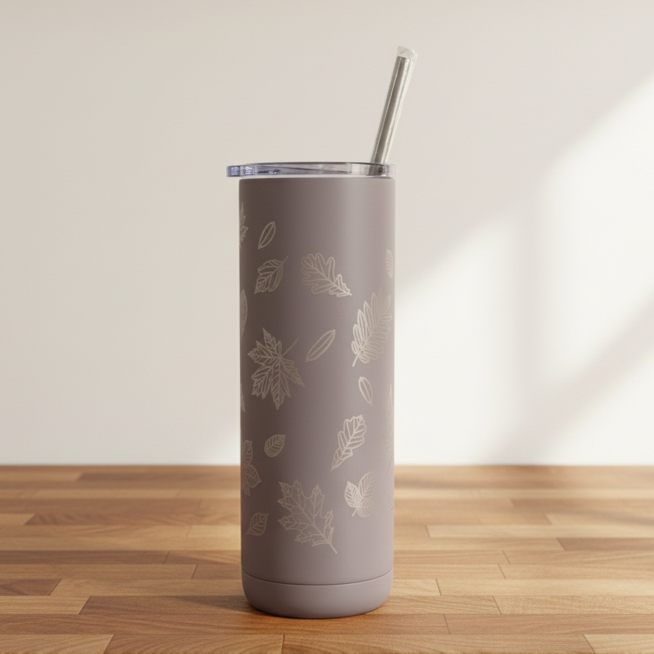 Gray tumbler with leaf pattern on a wooden floor