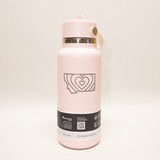 Pink water bottle with a logo on a white background