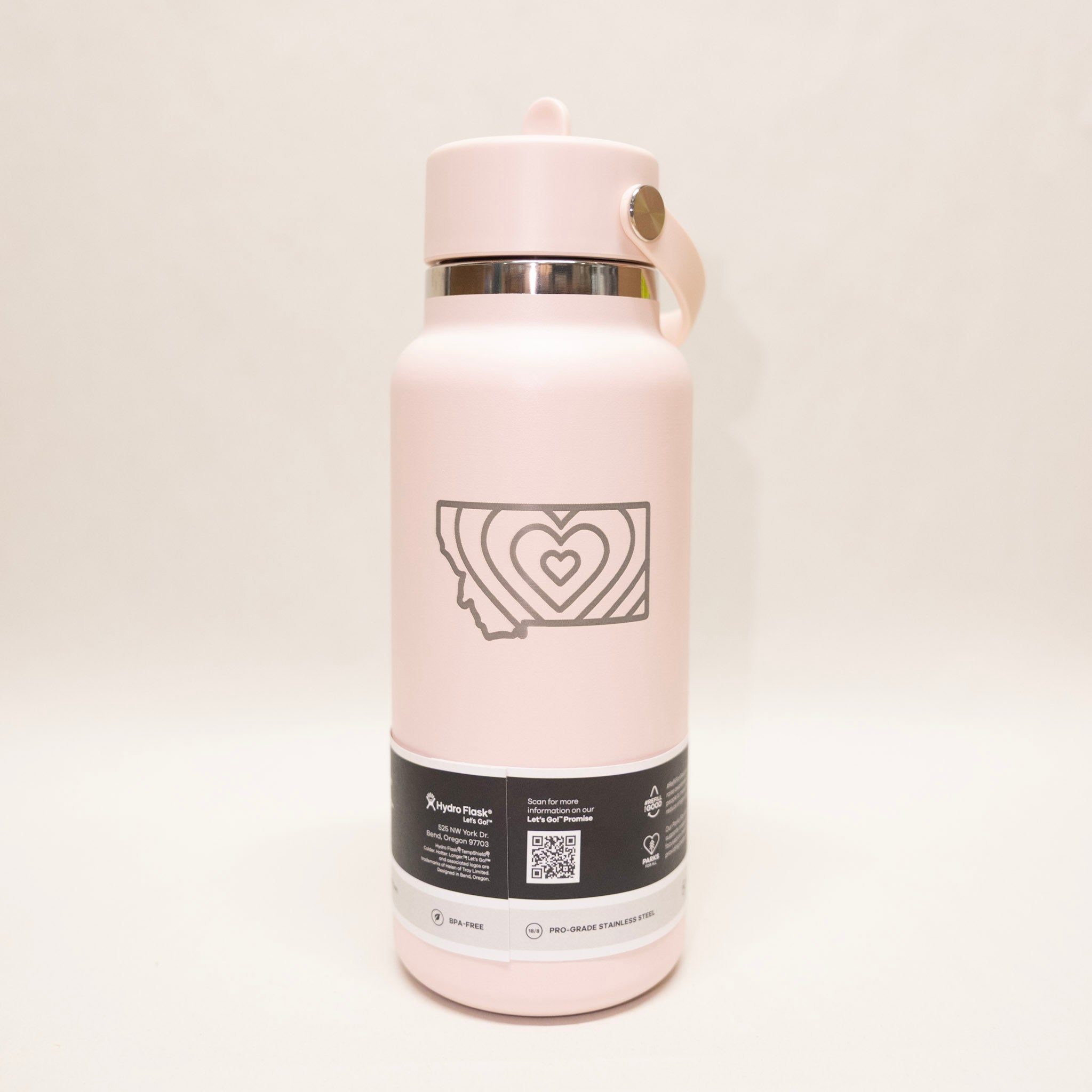 Pink water bottle with a logo on a white background