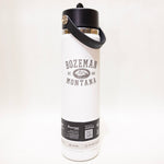 White water bottle with black cap and 'Bozeman Montana' text on a white background