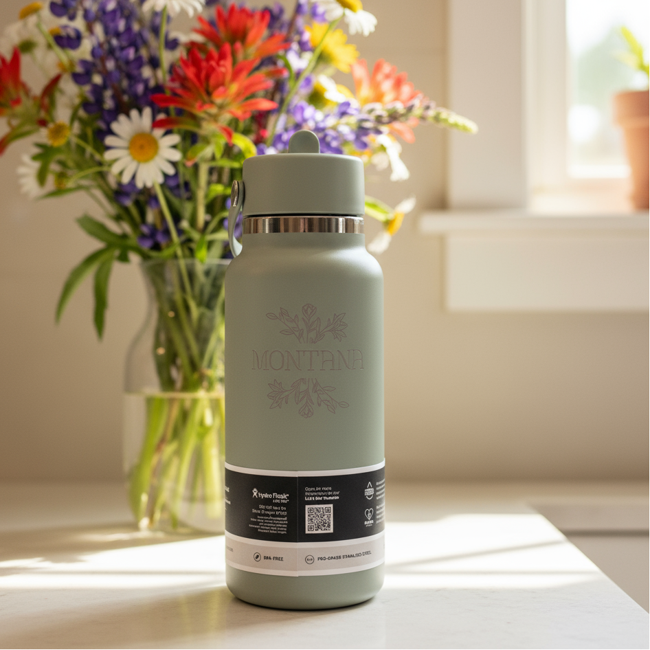 Light gray insulated bottle with floral arrangement in the background