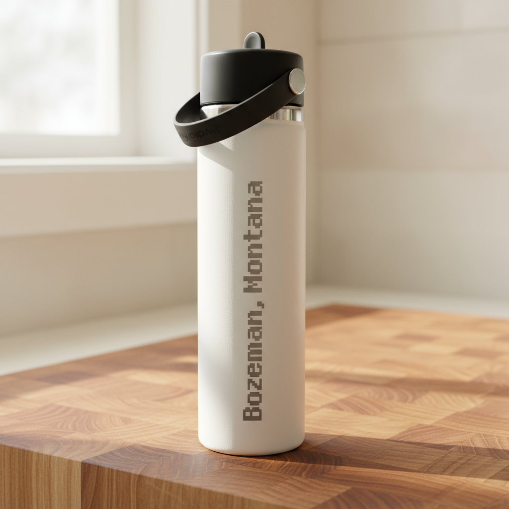 White water bottle with black cap on a wooden surface