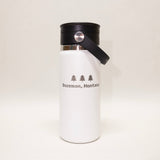 White insulated bottle with black lid and 'Bozeman, Montana' text on a white background