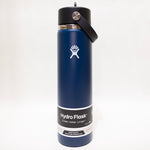 Blue Hydro Flask water bottle with black lid on a white background