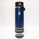 Blue Hydro Flask water bottle with black lid on a white background