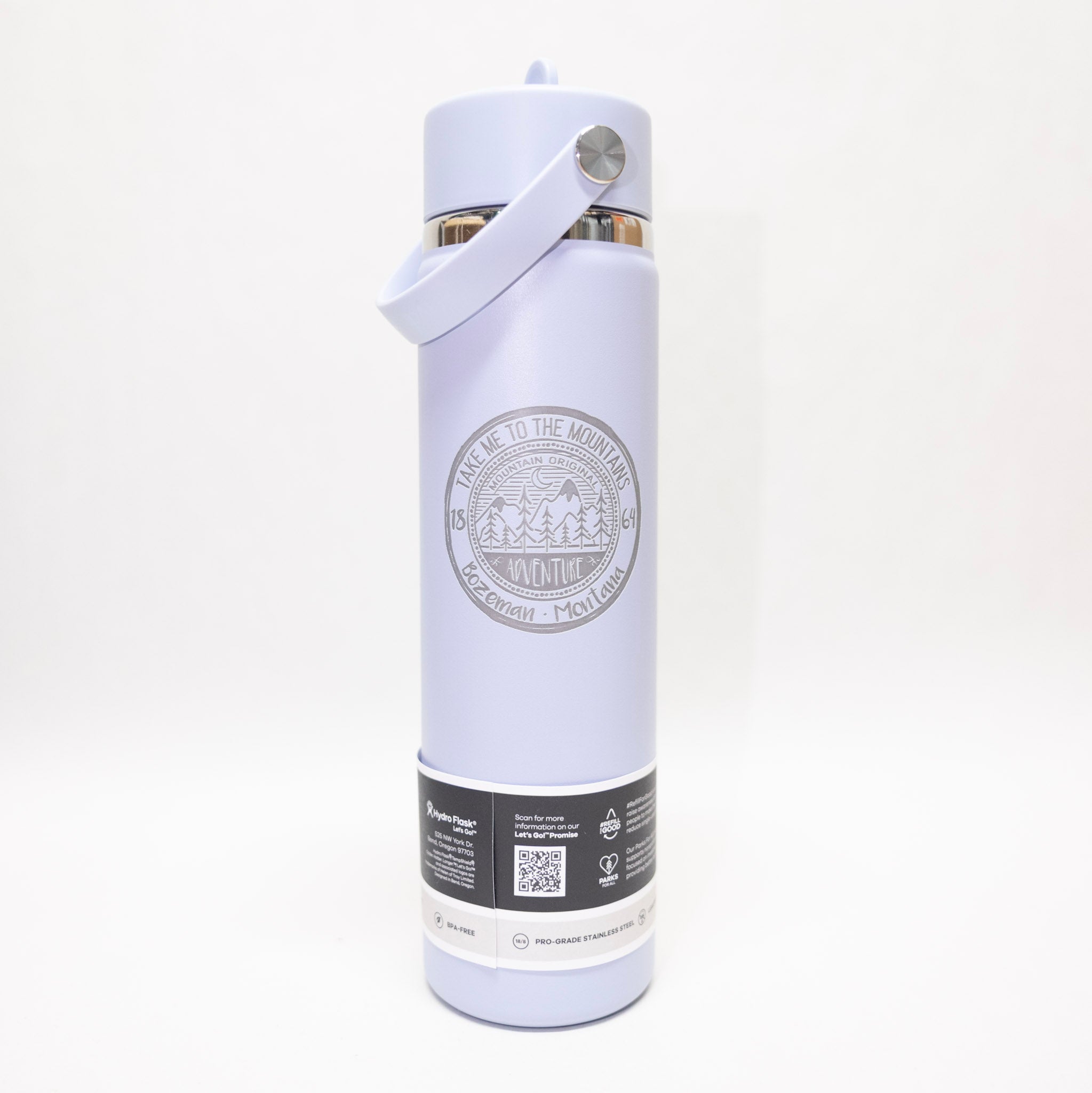 blue insulated bottle with a logo and text on a white background