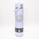 blue insulated bottle with a logo and text on a white background