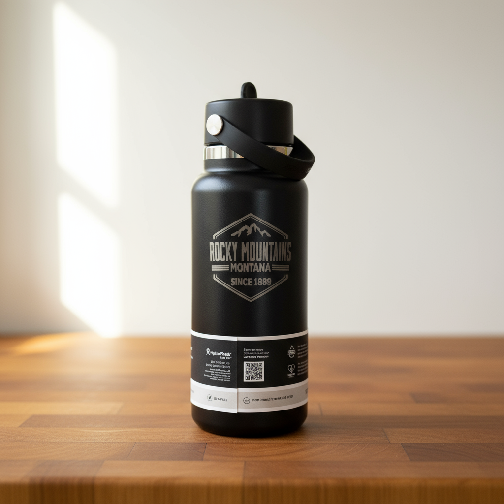 Black water bottle with Rocky Mountains Montana logo on a wooden surface