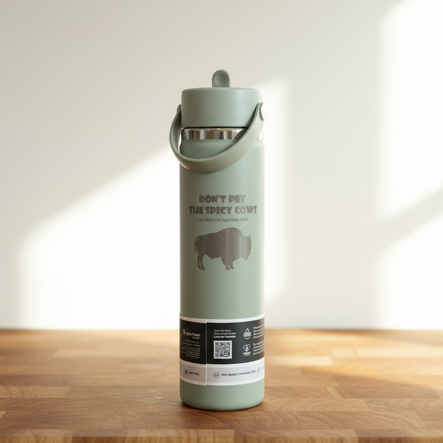 Green thermos bottle with text and a logo on a wooden surface