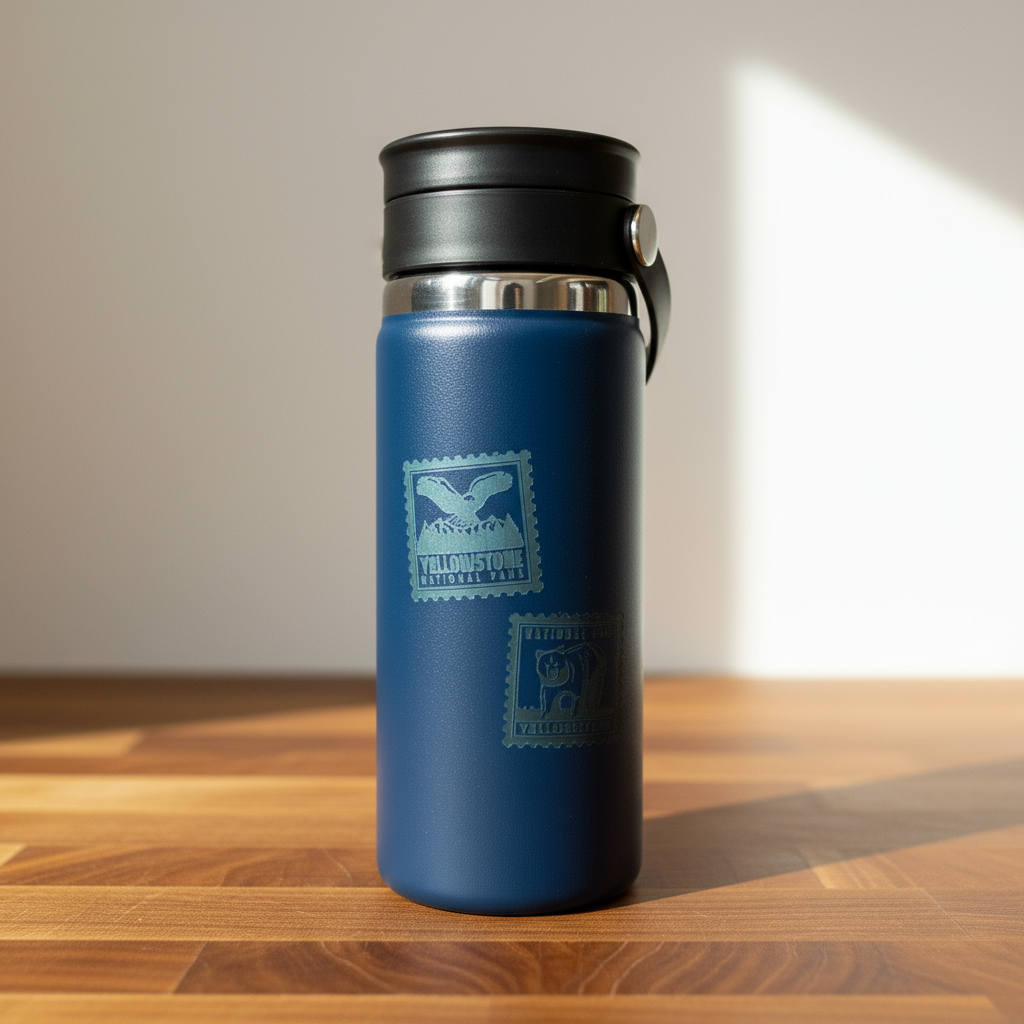 Blue insulated bottle with a logo on a wooden surface