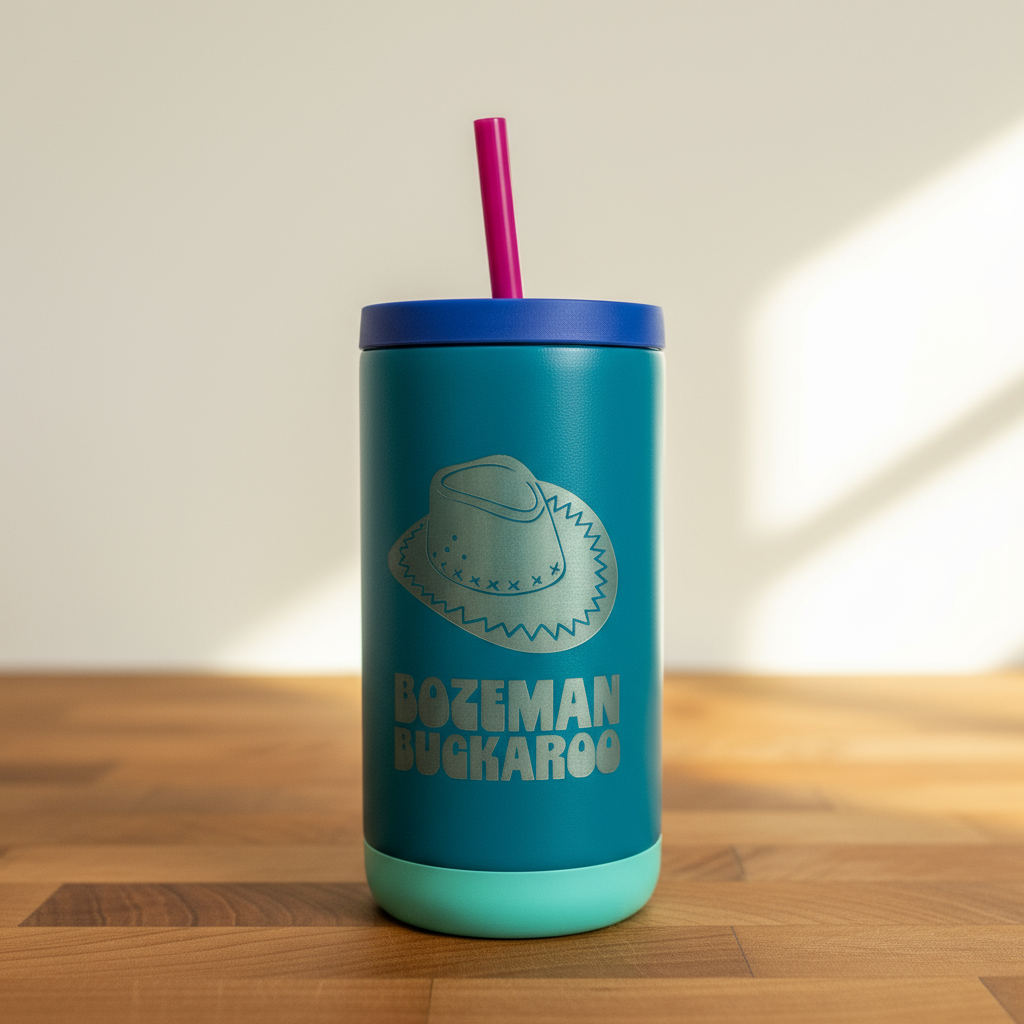 Teal tumbler with blue lid and straw on a wooden surface