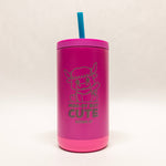 Pink tumbler with a straw on a white background