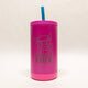 Pink tumbler with a straw on a white background