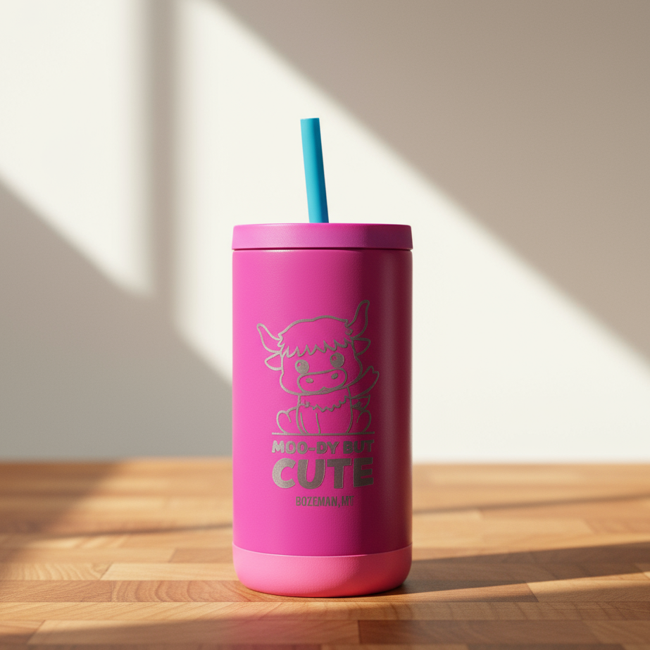 Pink tumbler with a blue straw on a wooden surface