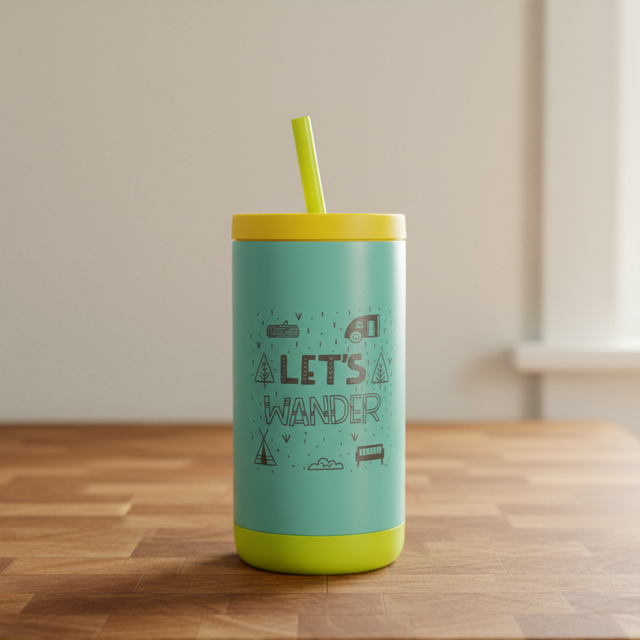 Turquoise tumbler with yellow lid and straw on a wooden surface