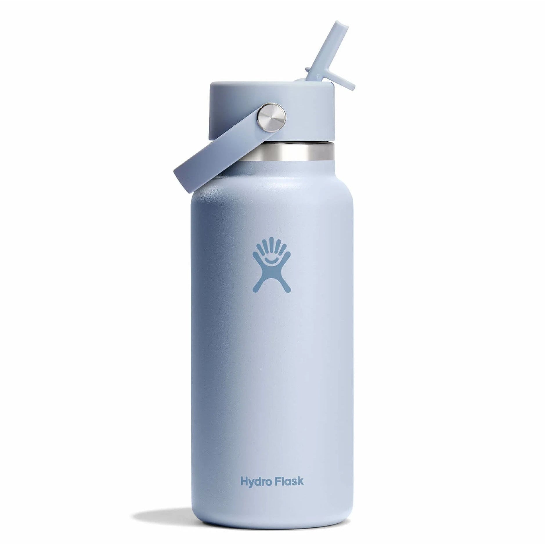 Blue Hydro Flask water bottle with straw lid on a white background
