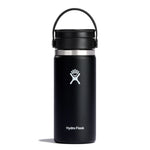 Black Hydro Flask water bottle with white logo on a white background